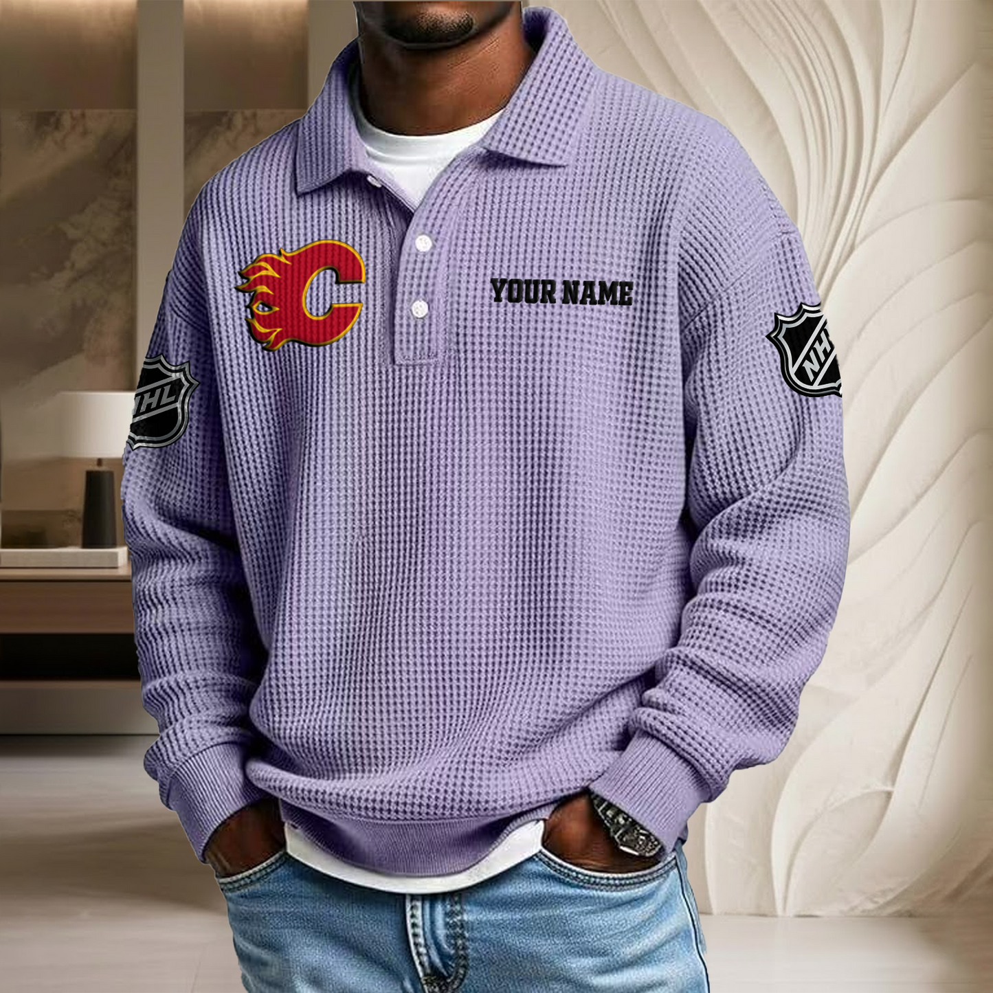 NHL x CAL Custom Name Waffle Three Button Lapel Polo HLP HLPHUONG