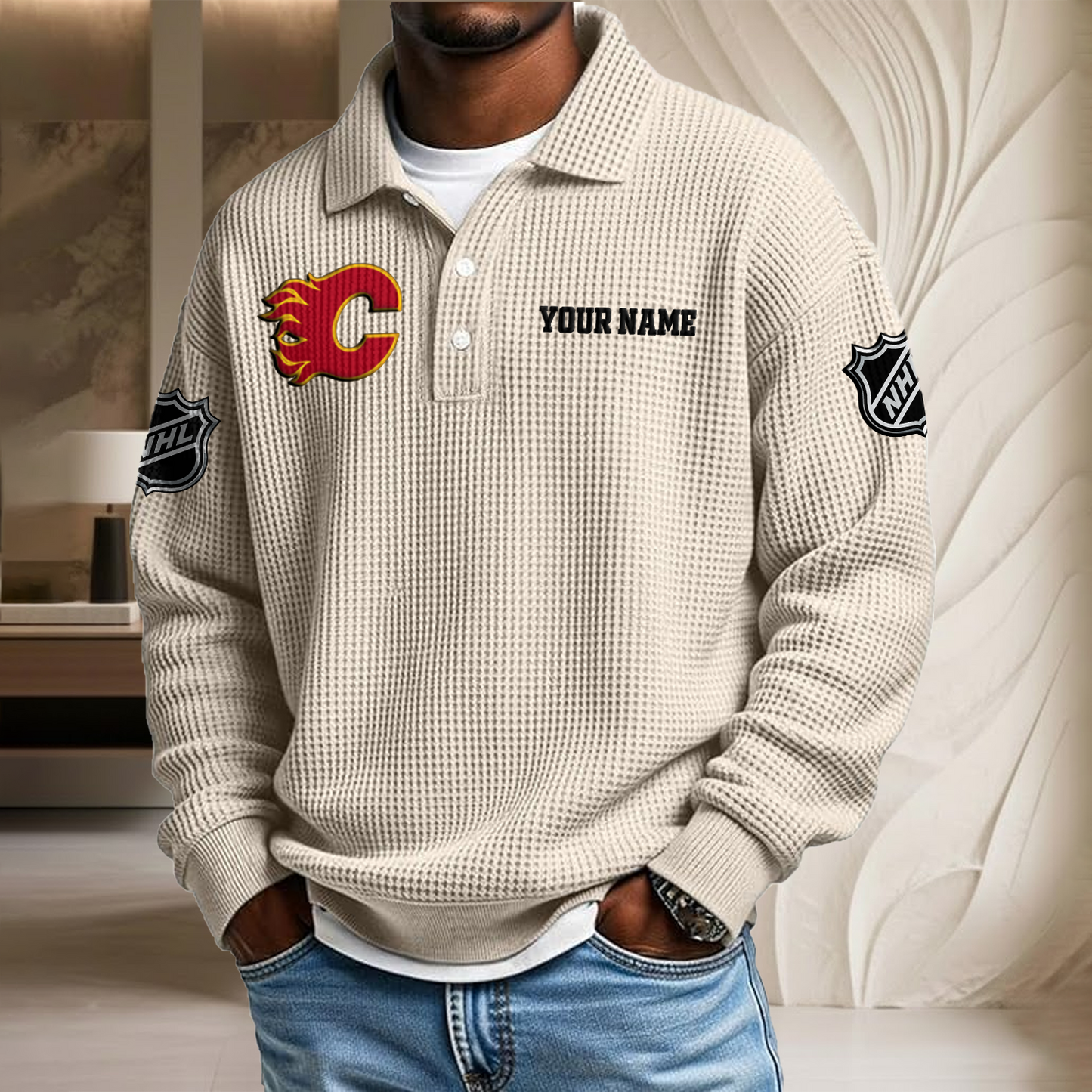 NHL x CAL Custom Name Waffle Three Button Lapel Polo HLP HLPHUONG