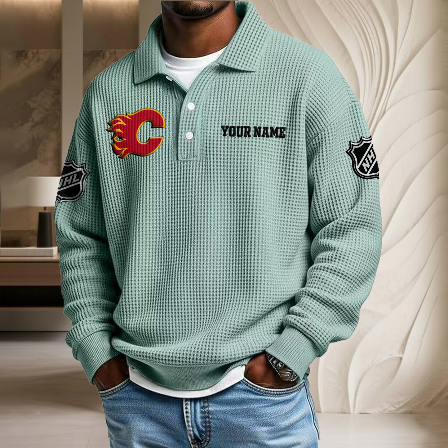 NHL x CAL Custom Name Waffle Three Button Lapel Polo HLP HLPHUONG