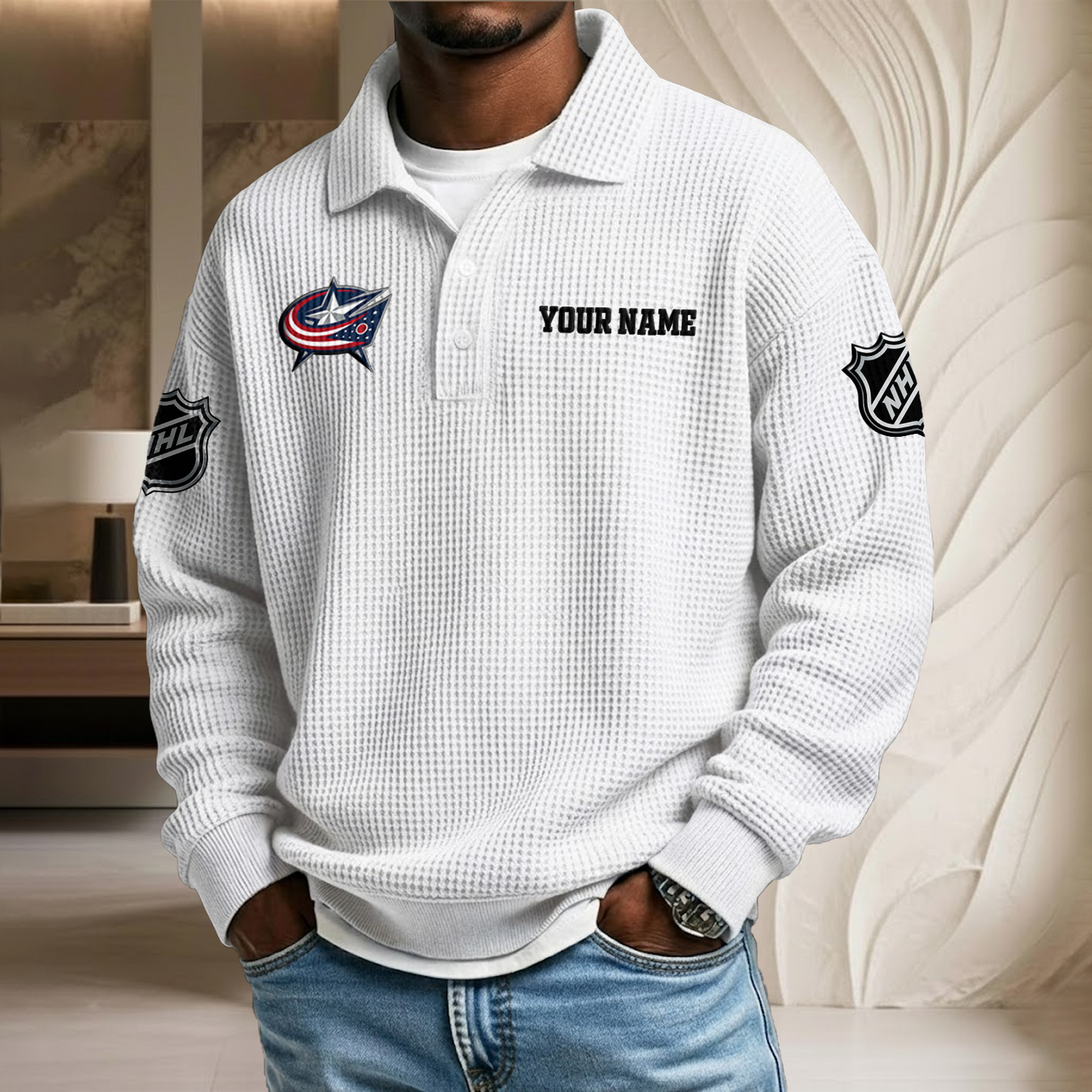 NHL x CBJ Custom Name Waffle Three Button Lapel Polo HLP HLPHUONG