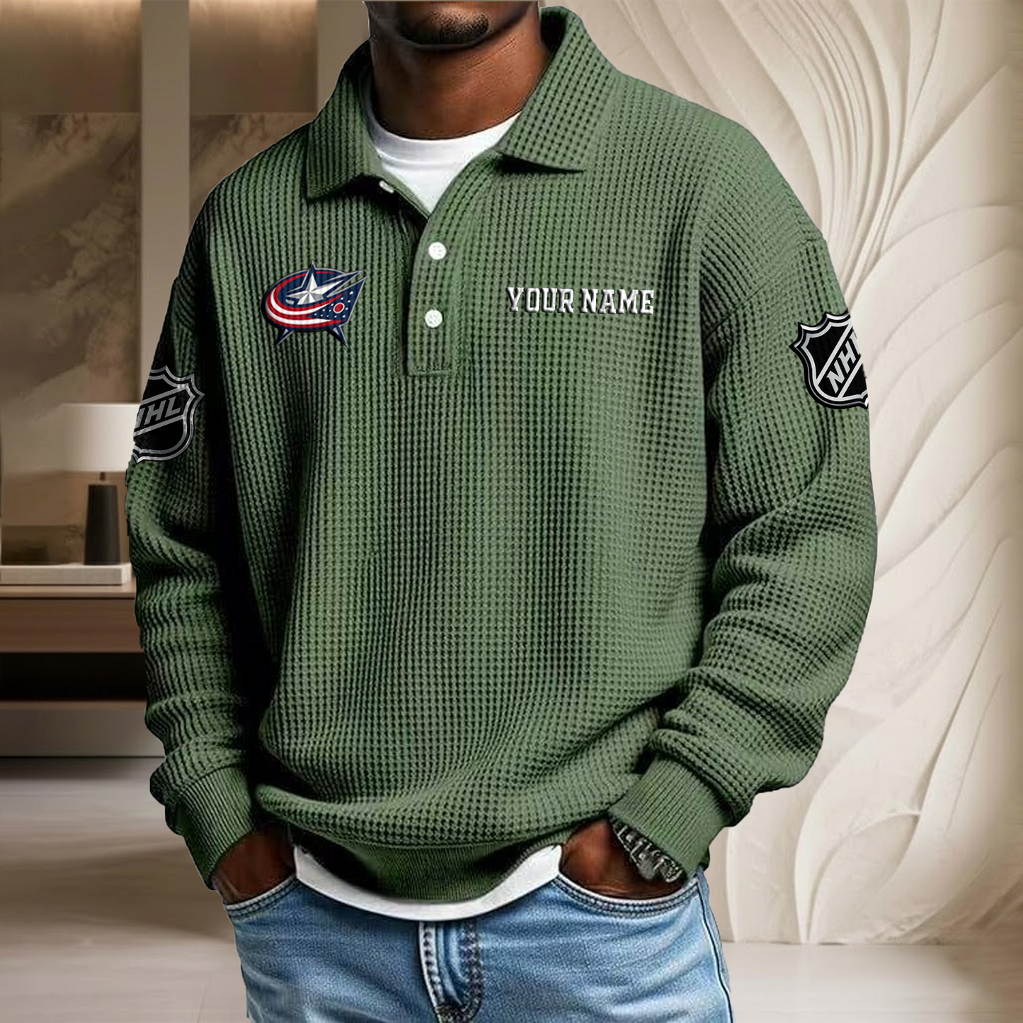 NHL x CBJ Custom Name Waffle Three Button Lapel Polo HLP HLPHUONG