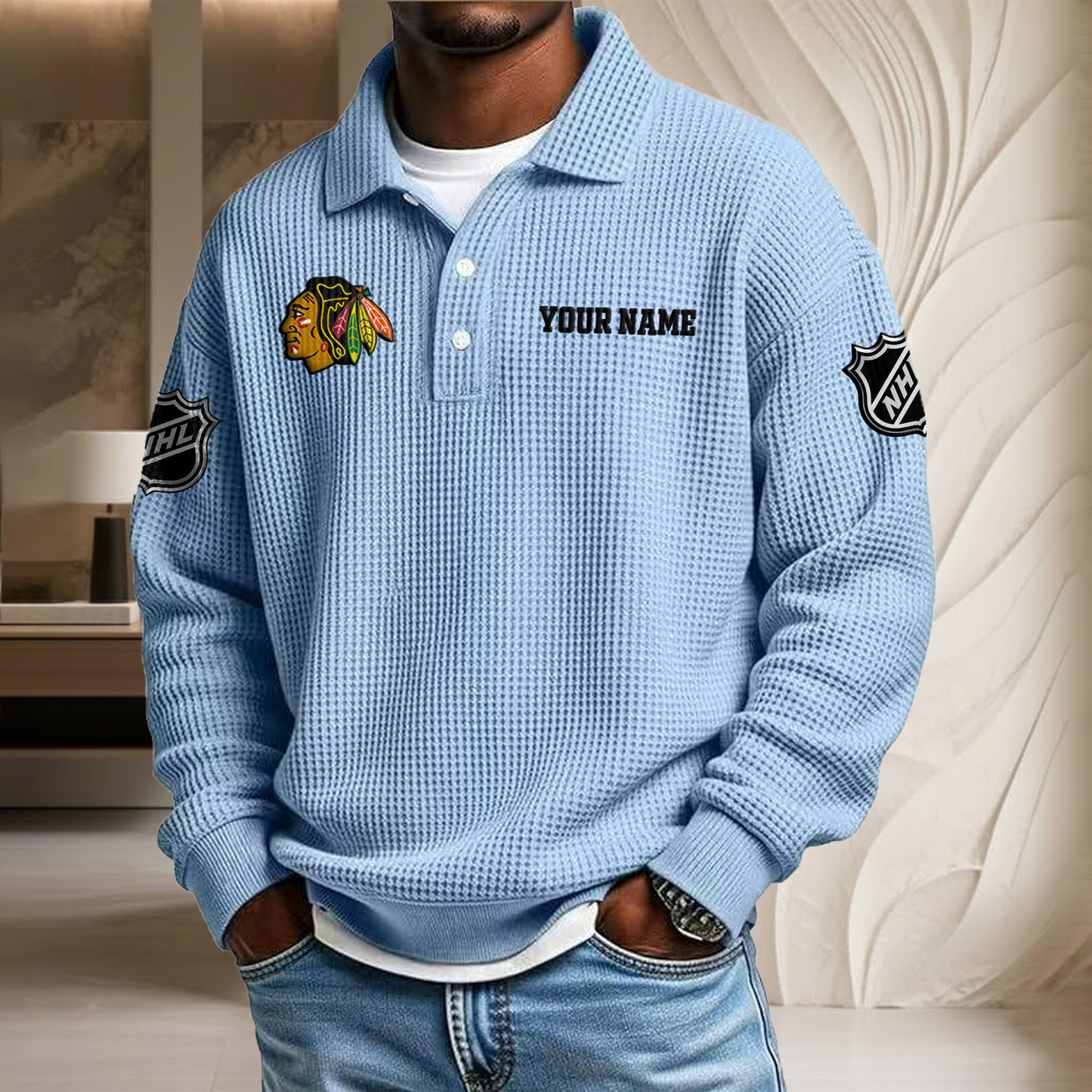 NHL x CHI Custom Name Waffle Three Button Lapel Polo HLP HLPHUONG