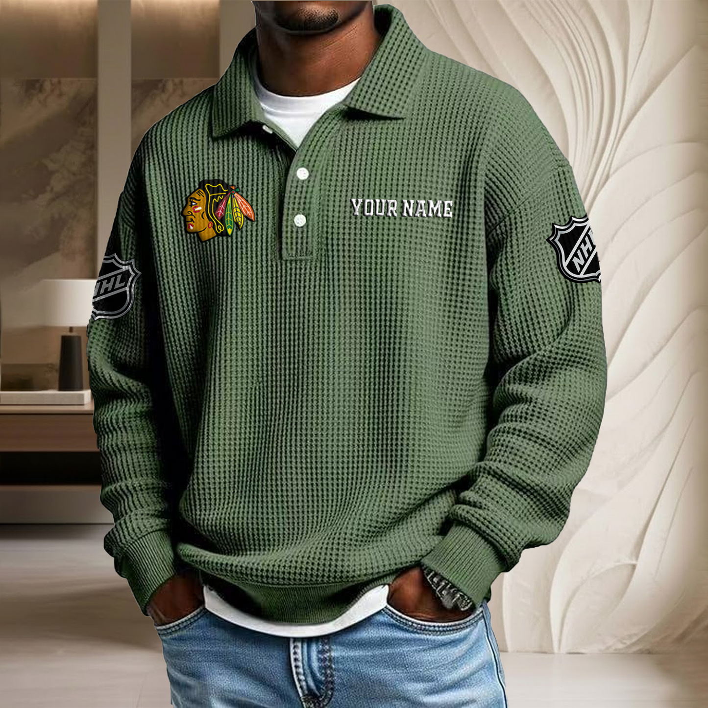 NHL x CHI Custom Name Waffle Three Button Lapel Polo HLP HLPHUONG