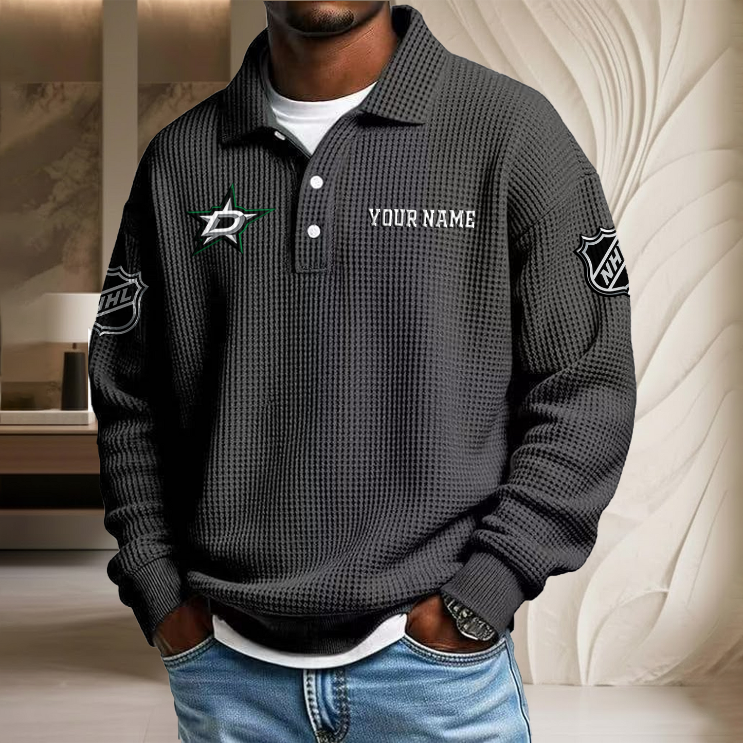 NHL x DAL Custom Name Waffle Three Button Lapel Polo HLP HLPHUONG
