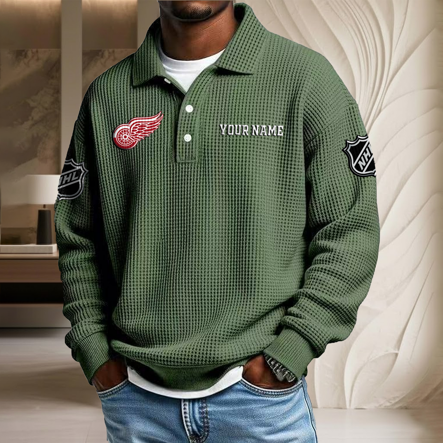 NHL x DET Custom Name Waffle Three Button Lapel Polo HLP HLPHUONG