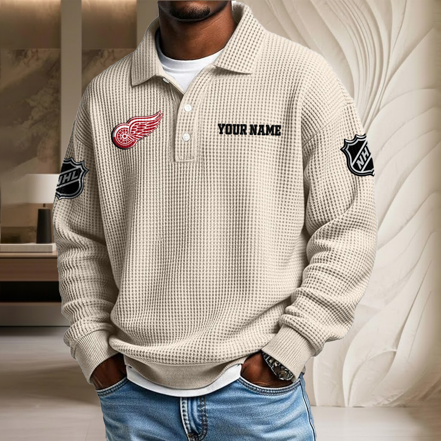 NHL x DET Custom Name Waffle Three Button Lapel Polo HLP HLPHUONG