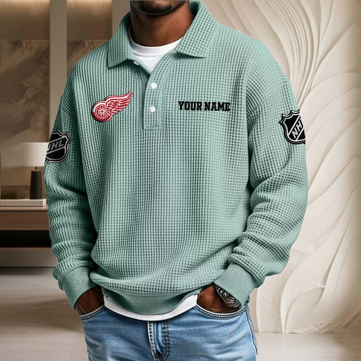NHL x DET Custom Name Waffle Three Button Lapel Polo HLP HLPHUONG