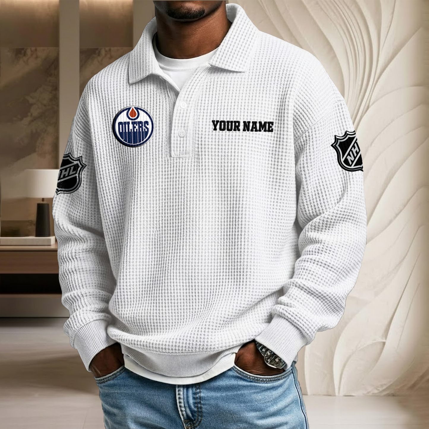 NHL x EDM Custom Name Waffle Three Button Lapel Polo HLP HLPHUONG
