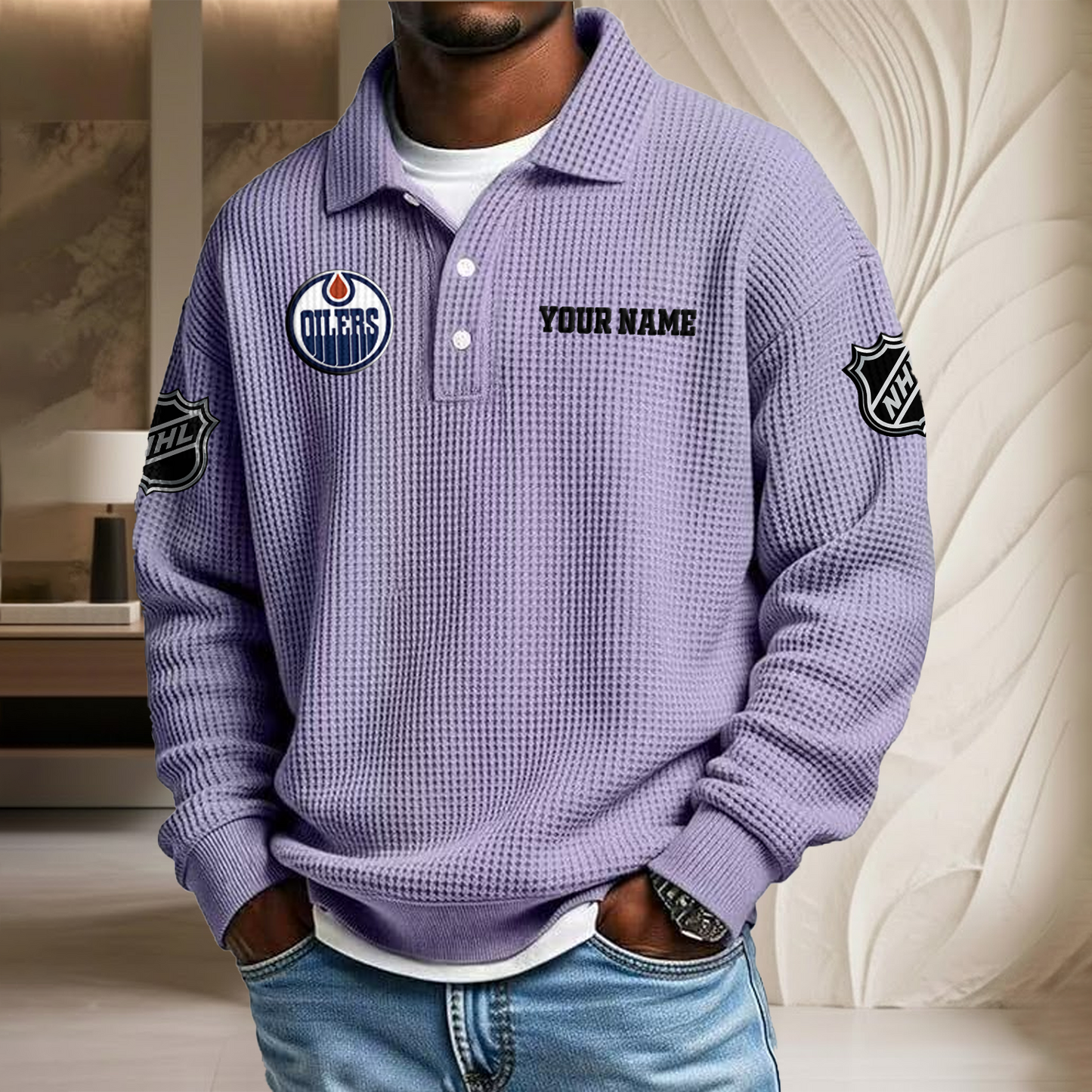 NHL x EDM Custom Name Waffle Three Button Lapel Polo HLP HLPHUONG