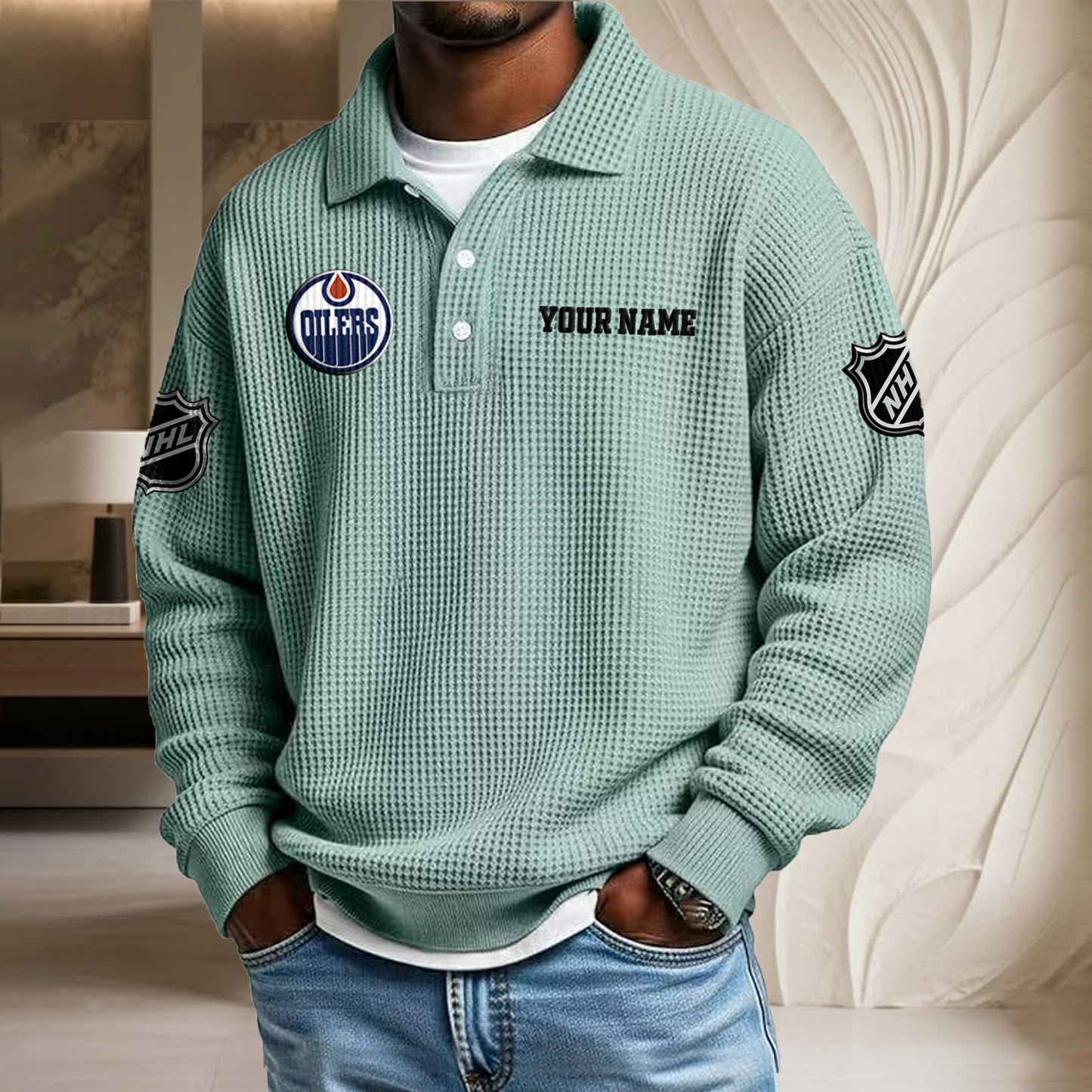 NHL x EDM Custom Name Waffle Three Button Lapel Polo HLP HLPHUONG