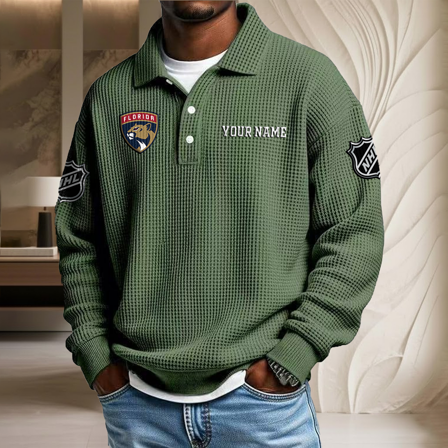 NHL x FLO Custom Name Waffle Three Button Lapel Polo HLP HLPHUONG