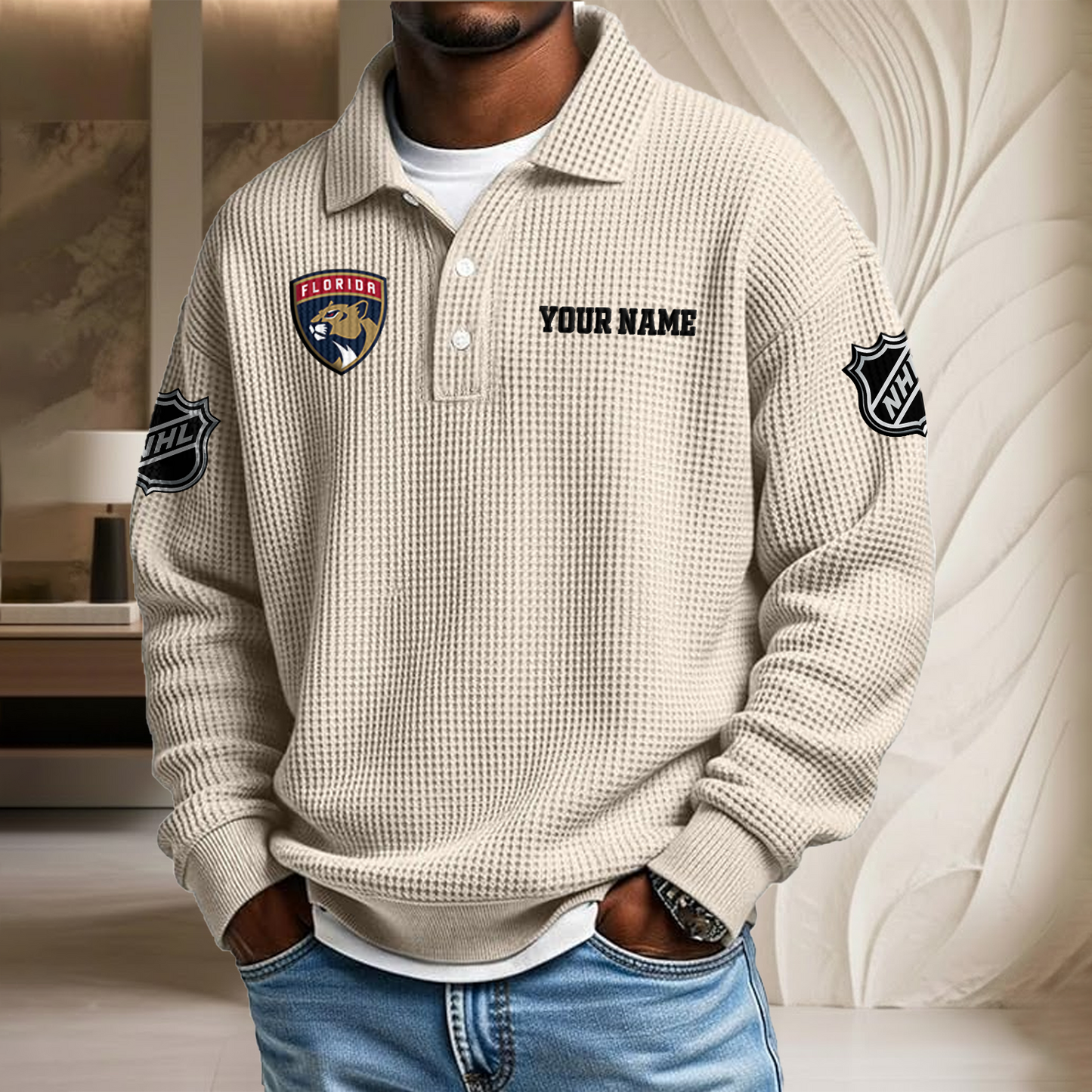 NHL x FLO Custom Name Waffle Three Button Lapel Polo HLP HLPHUONG