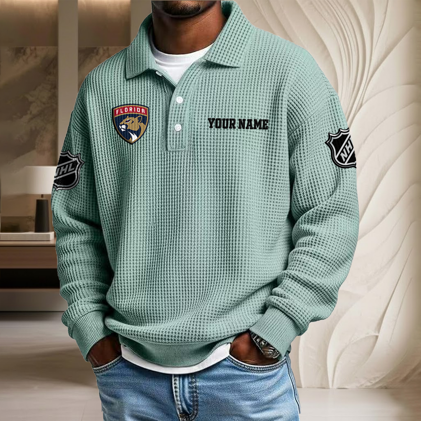 NHL x FLO Custom Name Waffle Three Button Lapel Polo HLP HLPHUONG