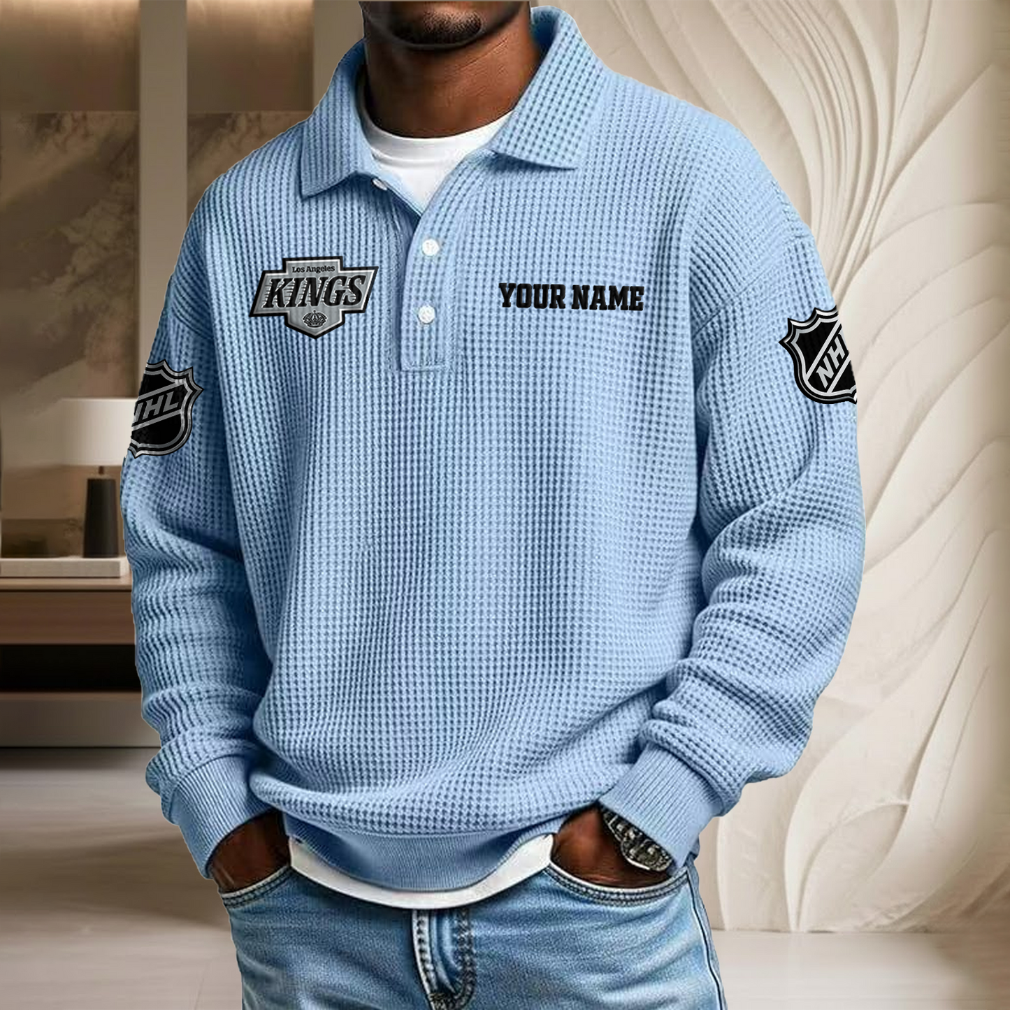 NHL x LAK Custom Name Waffle Three Button Lapel Polo HLP HLPHUONG
