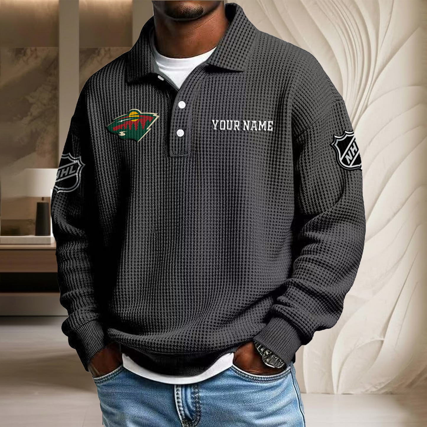 NHL x MIN Custom Name Waffle Three Button Lapel Polo HLP HLPHUONG