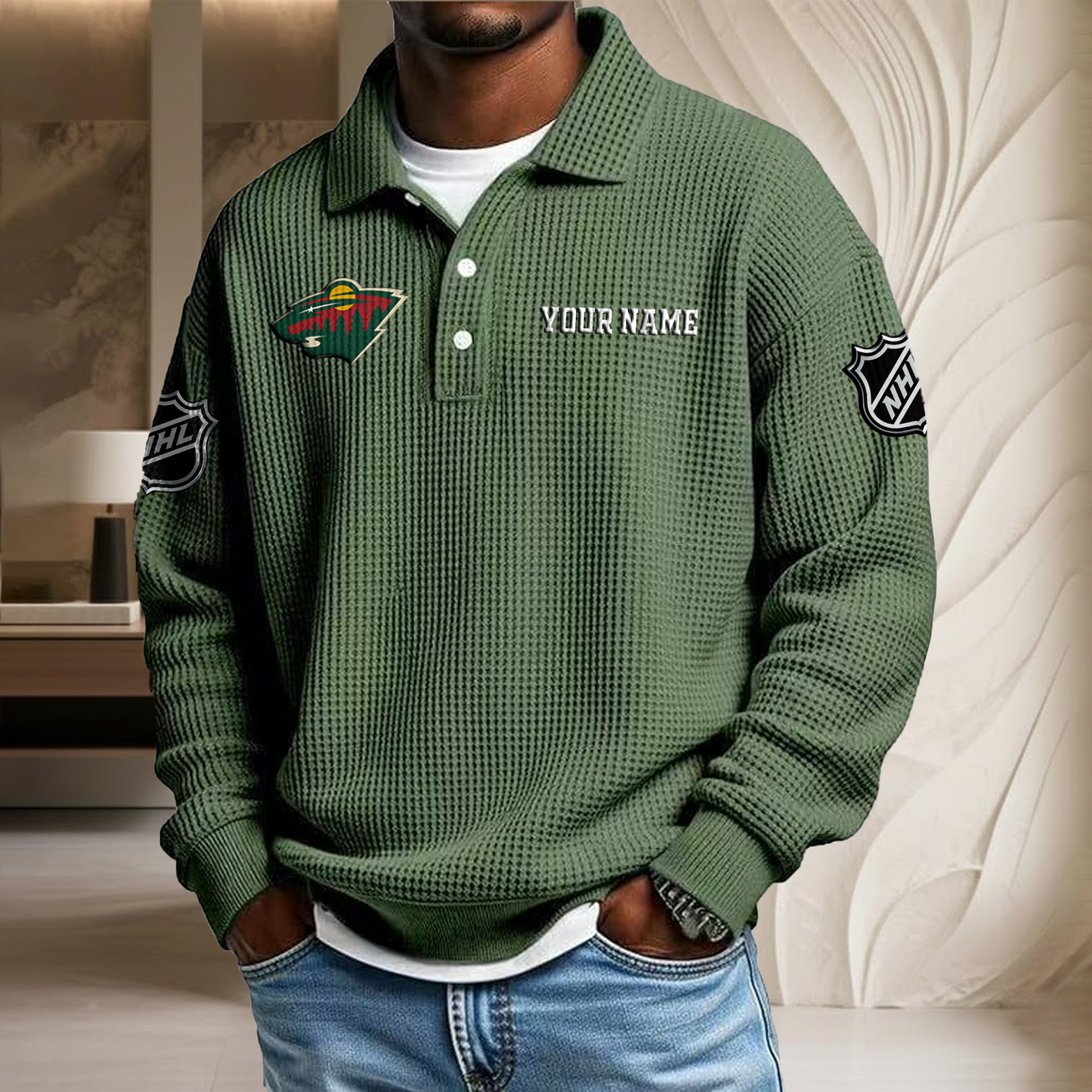 NHL x MIN Custom Name Waffle Three Button Lapel Polo HLP HLPHUONG