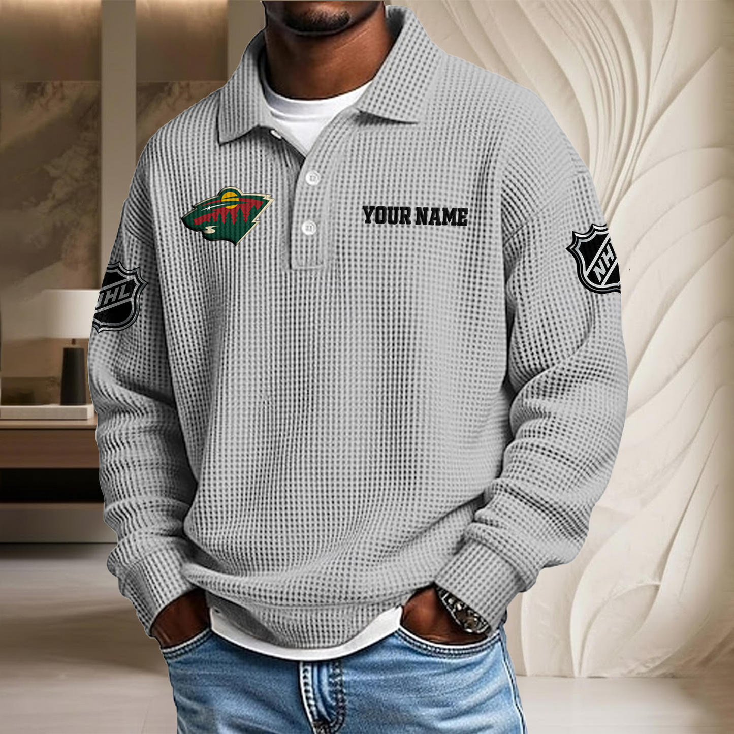 NHL x MIN Custom Name Waffle Three Button Lapel Polo HLP HLPHUONG