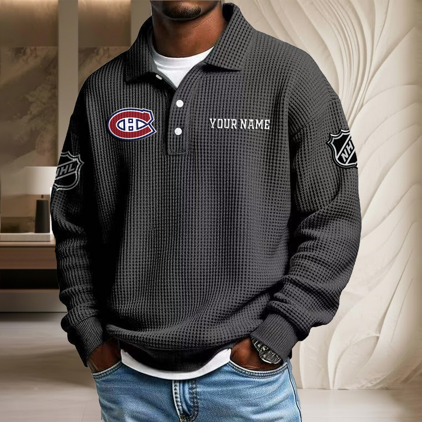 NHL x MON Custom Name Waffle Three Button Lapel Polo HLP HLPHUONG