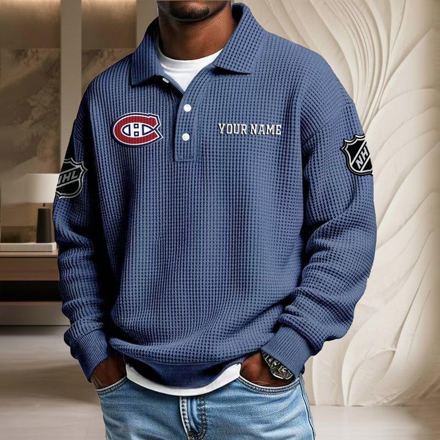 NHL x MON Custom Name Waffle Three Button Lapel Polo HLP HLPHUONG