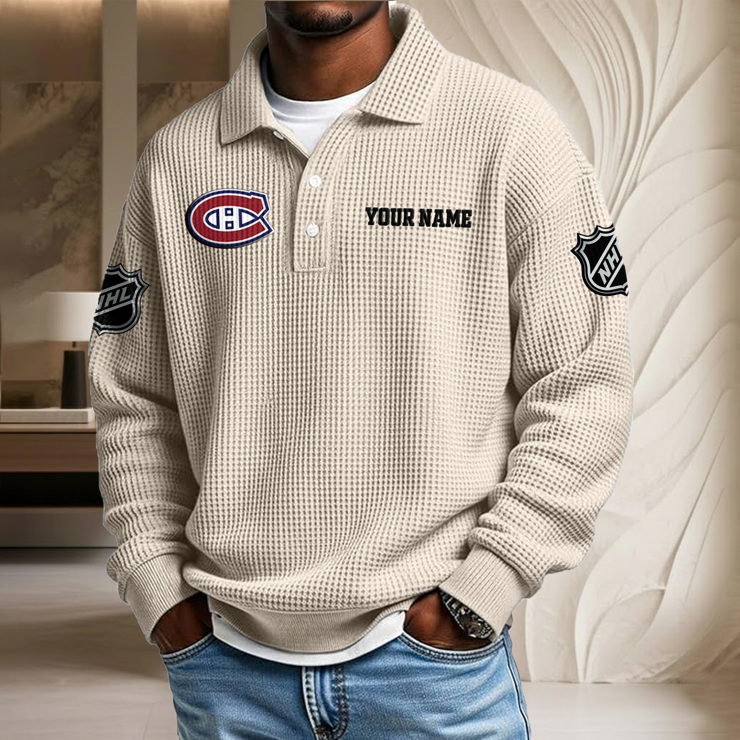 NHL x MON Custom Name Waffle Three Button Lapel Polo HLP HLPHUONG