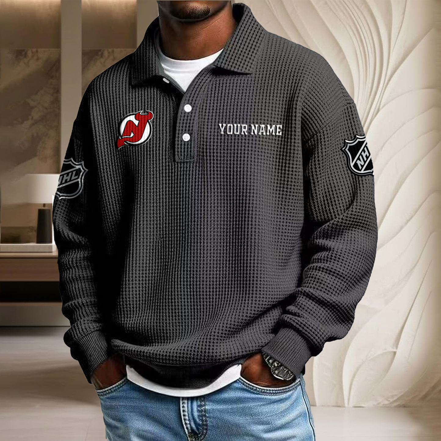NHL x NJ Custom Name Waffle Three Button Lapel Polo HLP HLPHUONG