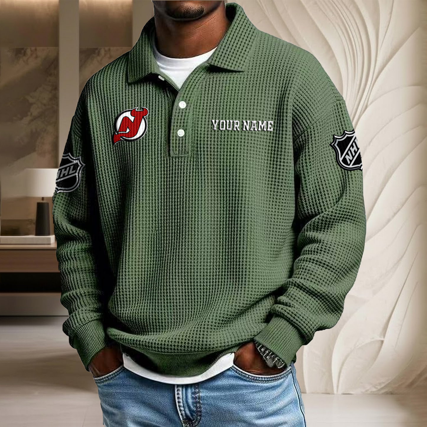NHL x NJ Custom Name Waffle Three Button Lapel Polo HLP HLPHUONG
