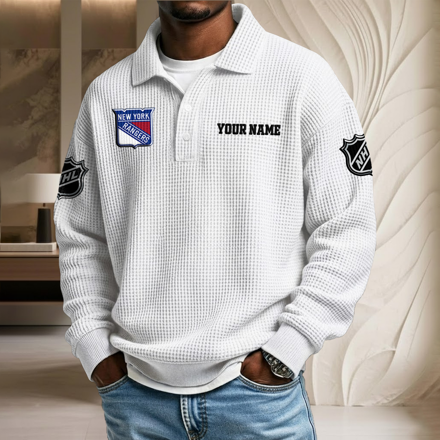 NHL x NYR Custom Name Waffle Three Button Lapel Polo HLP HLPHUONG