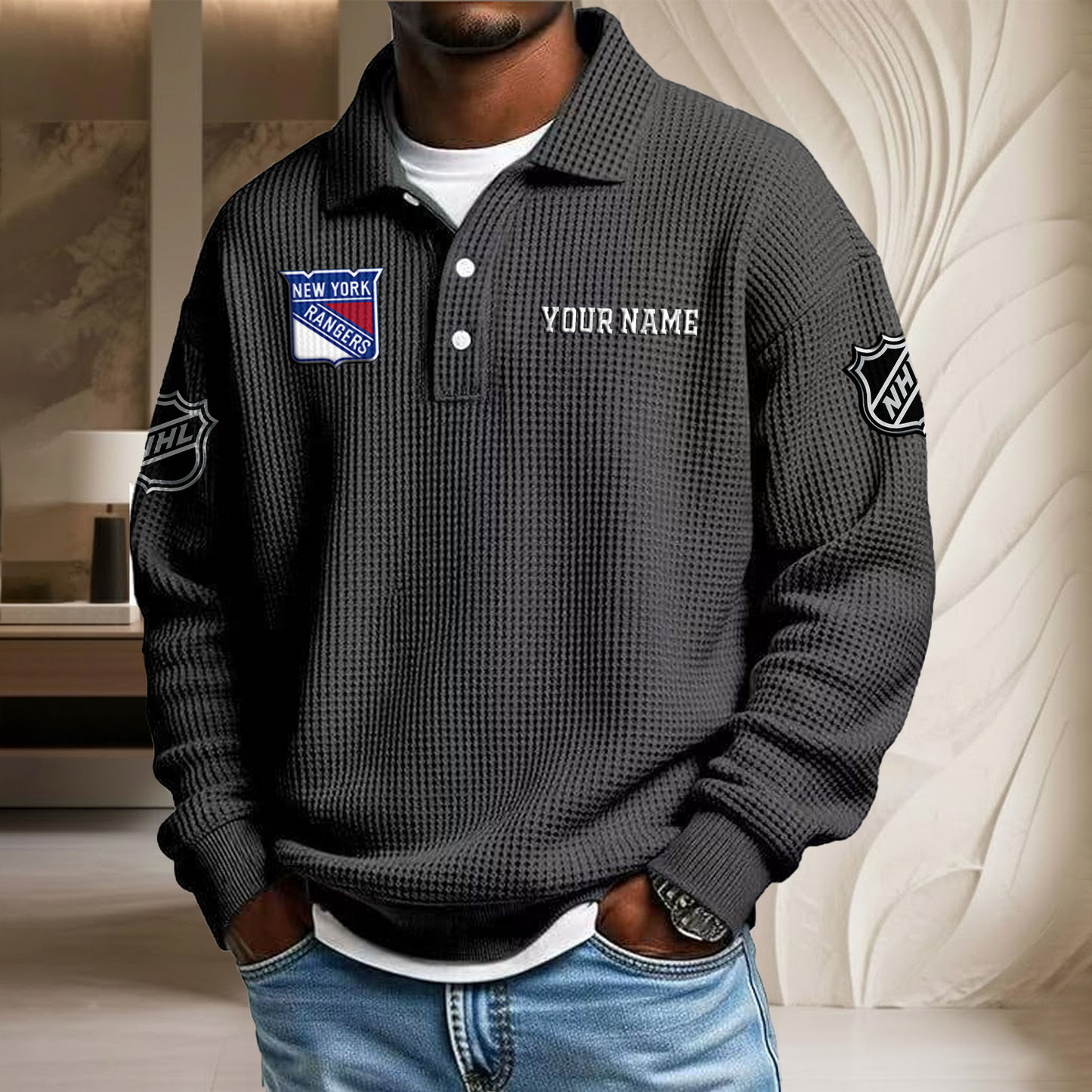NHL x NYR Custom Name Waffle Three Button Lapel Polo HLP HLPHUONG