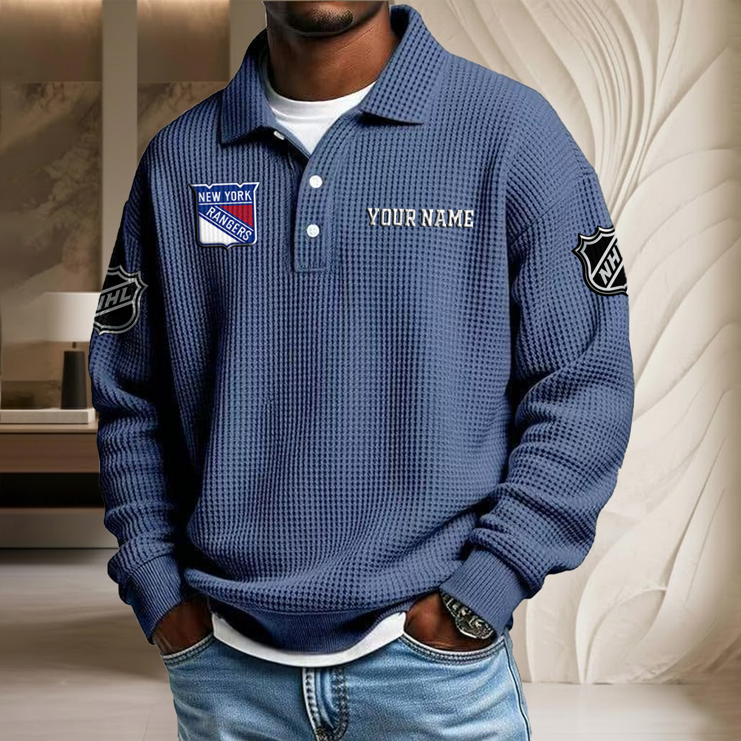 NHL x NYR Custom Name Waffle Three Button Lapel Polo HLP HLPHUONG