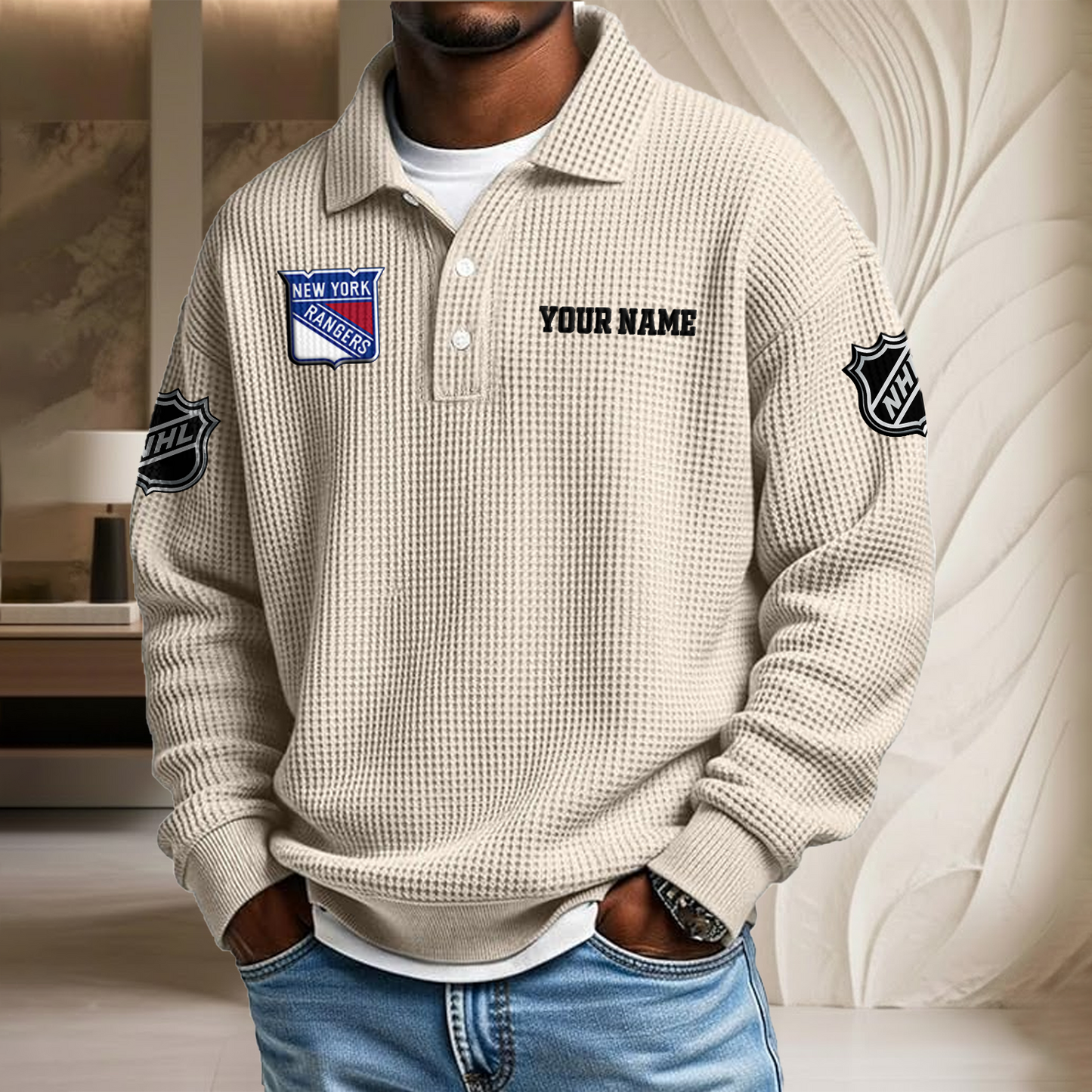 NHL x NYR Custom Name Waffle Three Button Lapel Polo HLP HLPHUONG