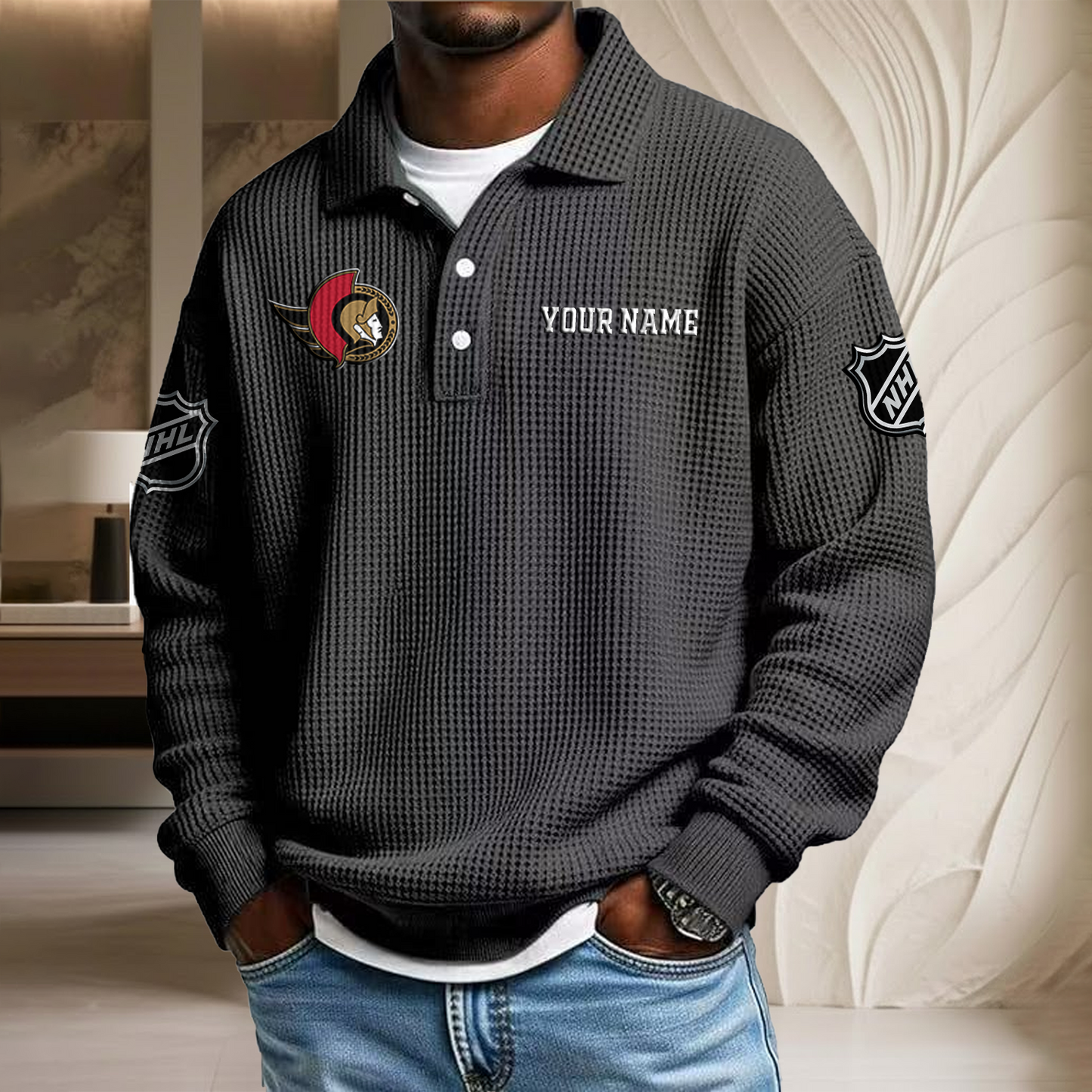 NHL x OTT Custom Name Waffle Three Button Lapel Polo HLP HLPHUONG