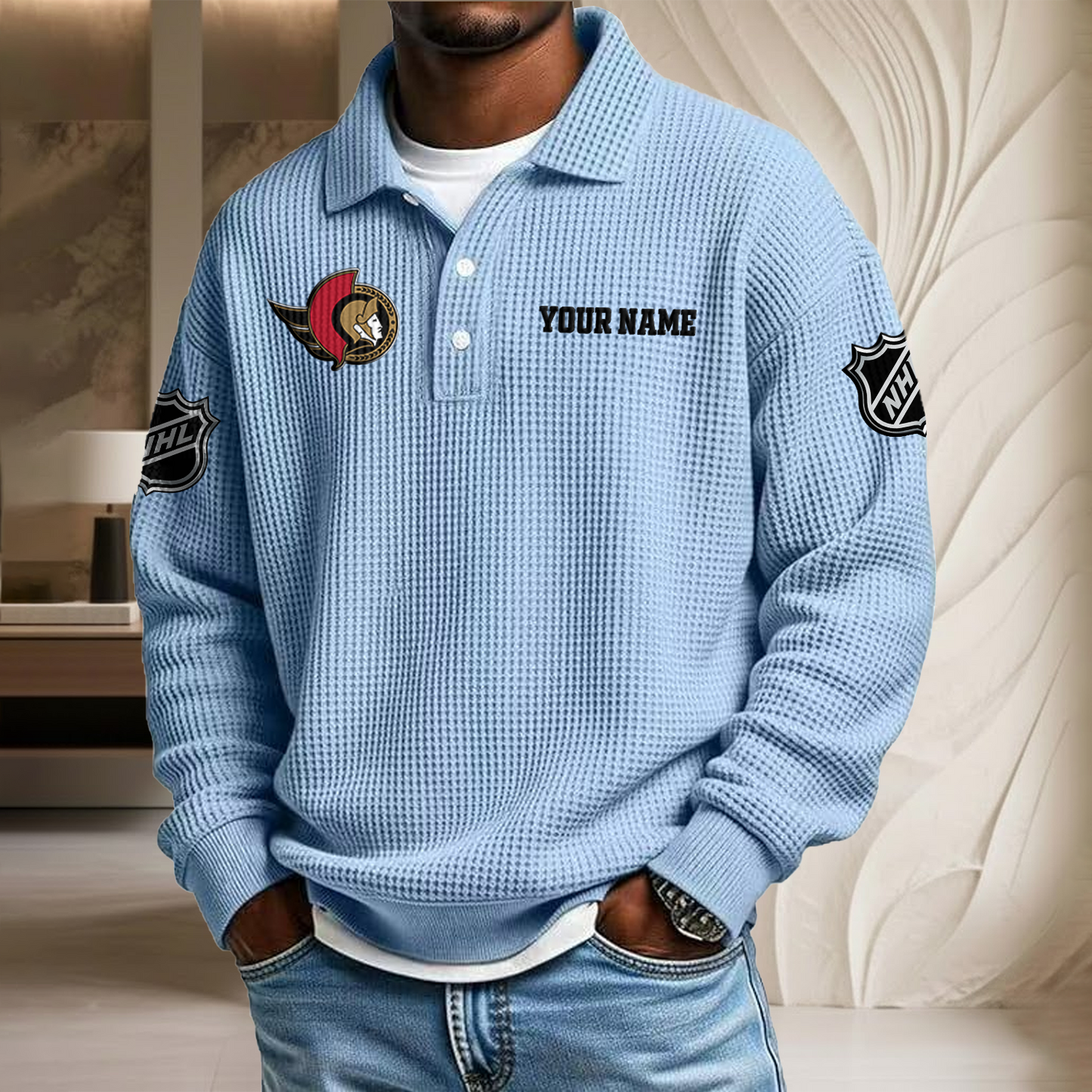 NHL x OTT Custom Name Waffle Three Button Lapel Polo HLP HLPHUONG