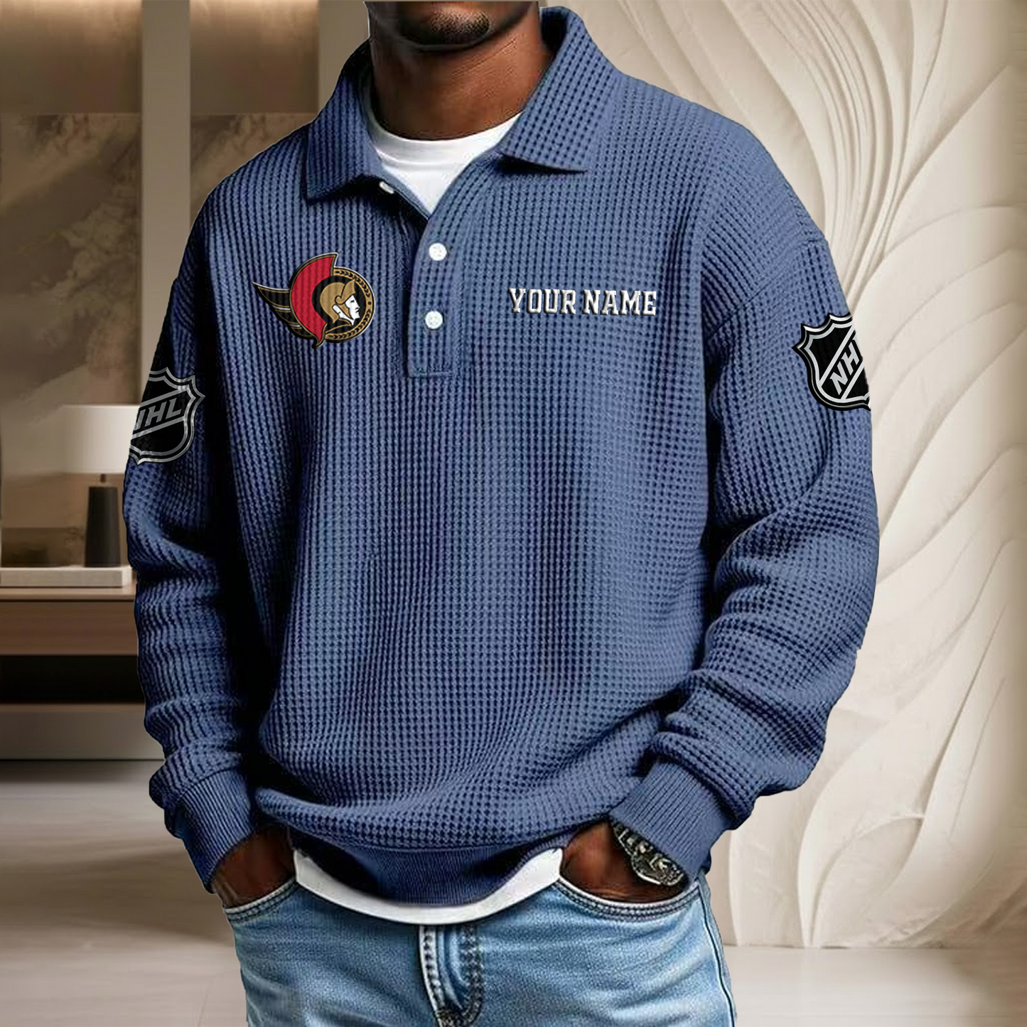 NHL x OTT Custom Name Waffle Three Button Lapel Polo HLP HLPHUONG