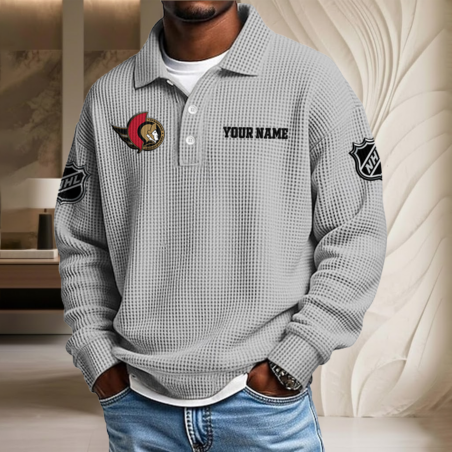 NHL x OTT Custom Name Waffle Three Button Lapel Polo HLP HLPHUONG