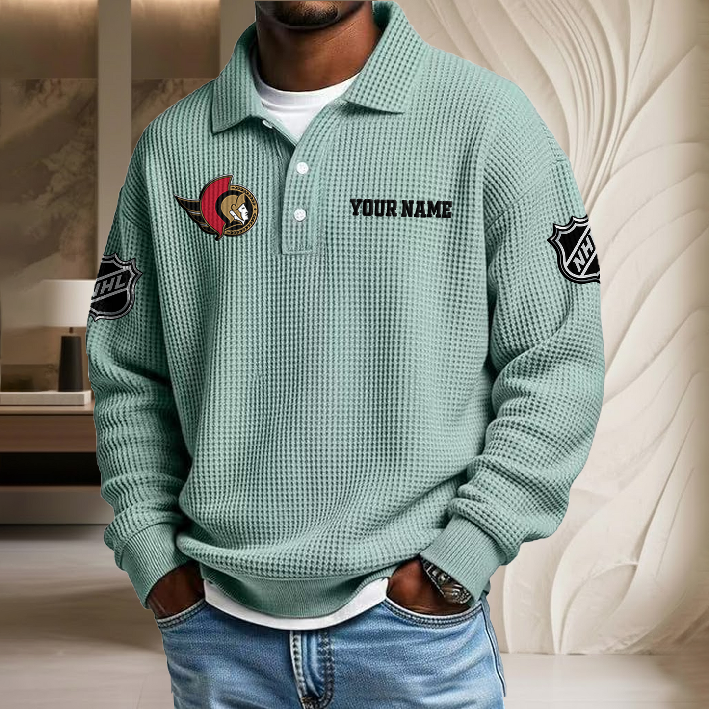 NHL x OTT Custom Name Waffle Three Button Lapel Polo HLP HLPHUONG