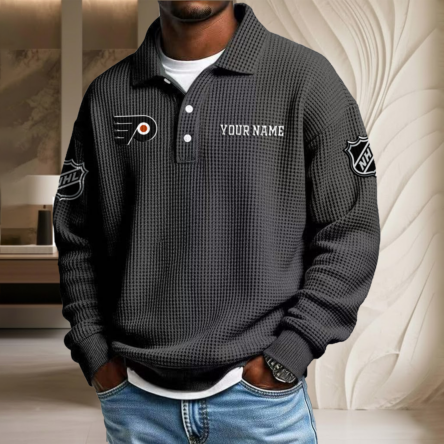 NHL x PHI Custom Name Waffle Three Button Lapel Polo HLP HLPHUONG