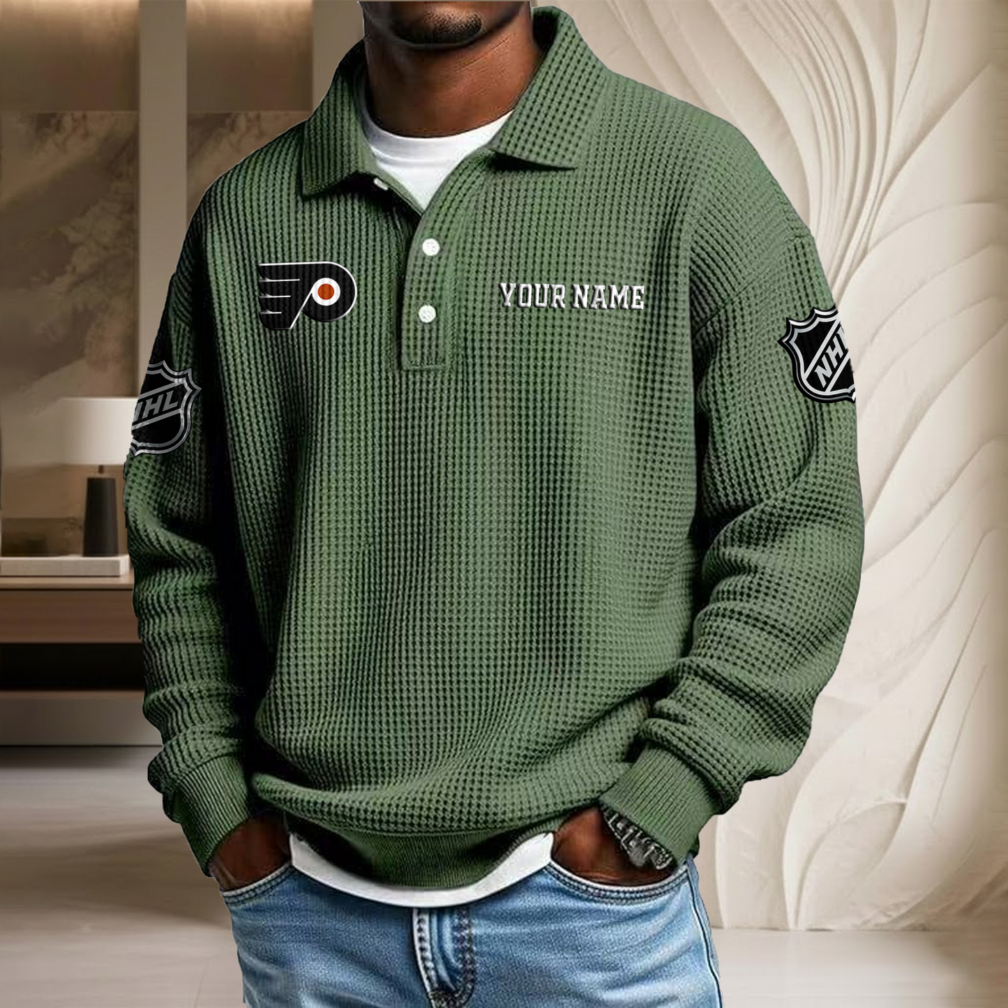 NHL x PHI Custom Name Waffle Three Button Lapel Polo HLP HLPHUONG