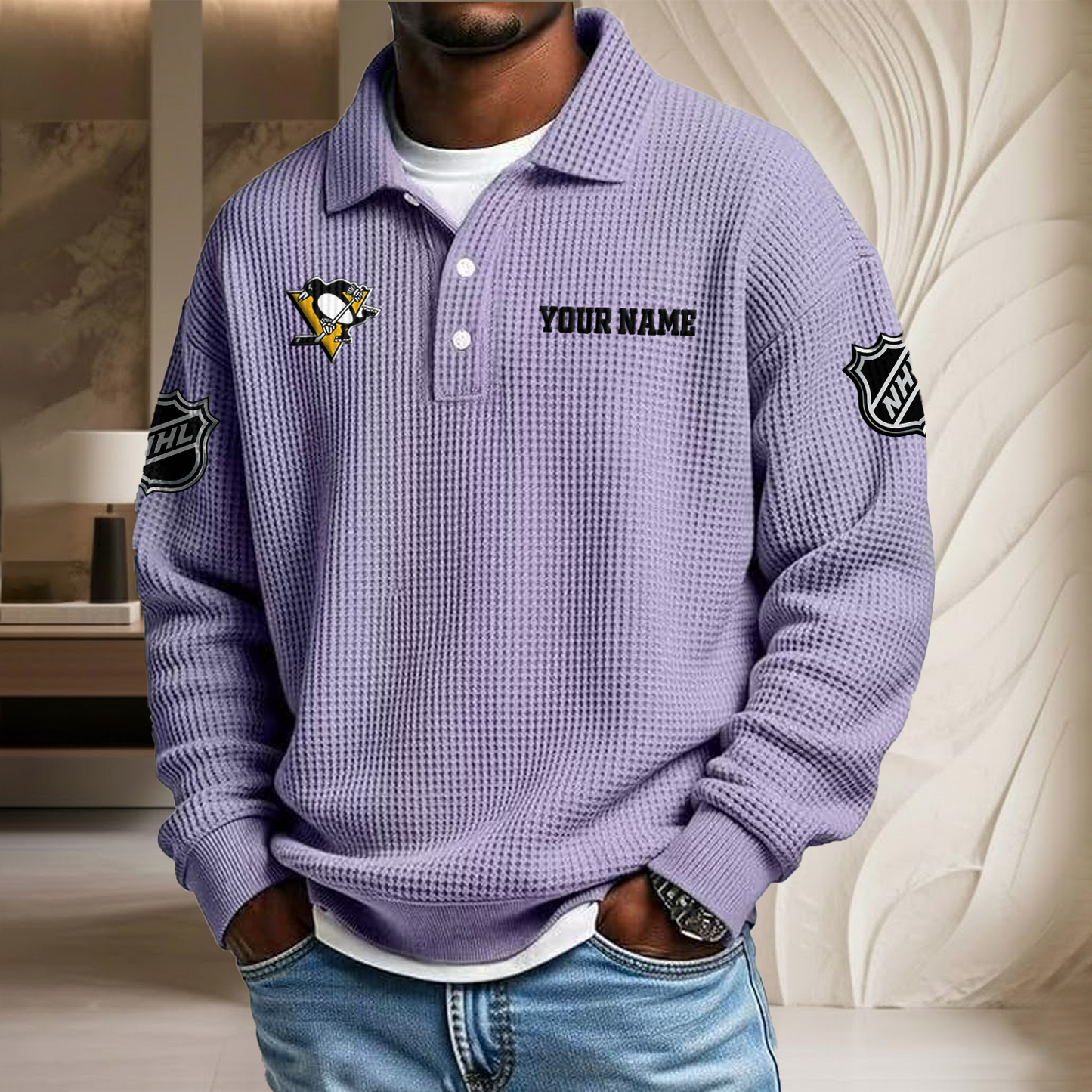 NHL x PIT Custom Name Waffle Three Button Lapel Polo HLP HLPHUONG