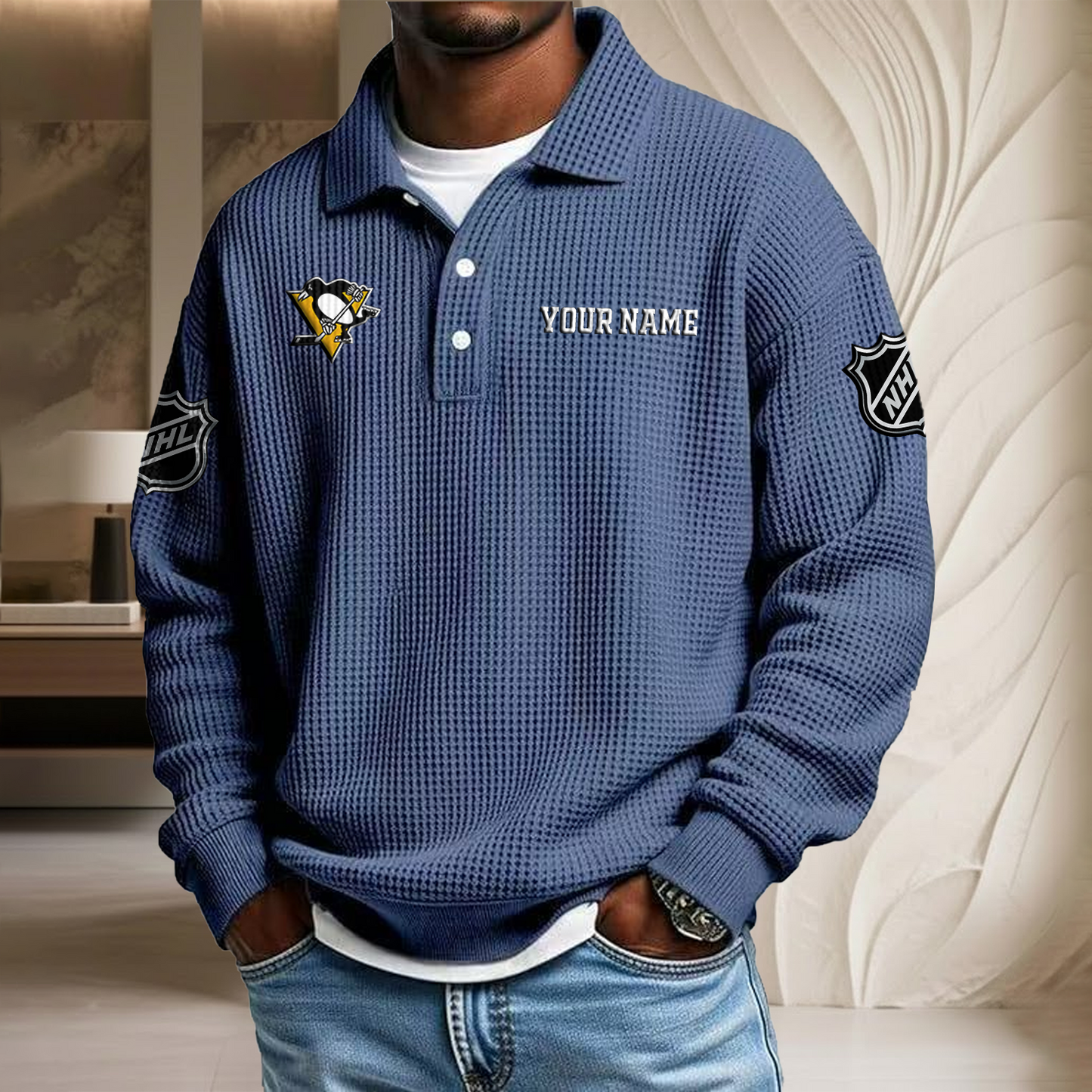 NHL x PIT Custom Name Waffle Three Button Lapel Polo HLP HLPHUONG