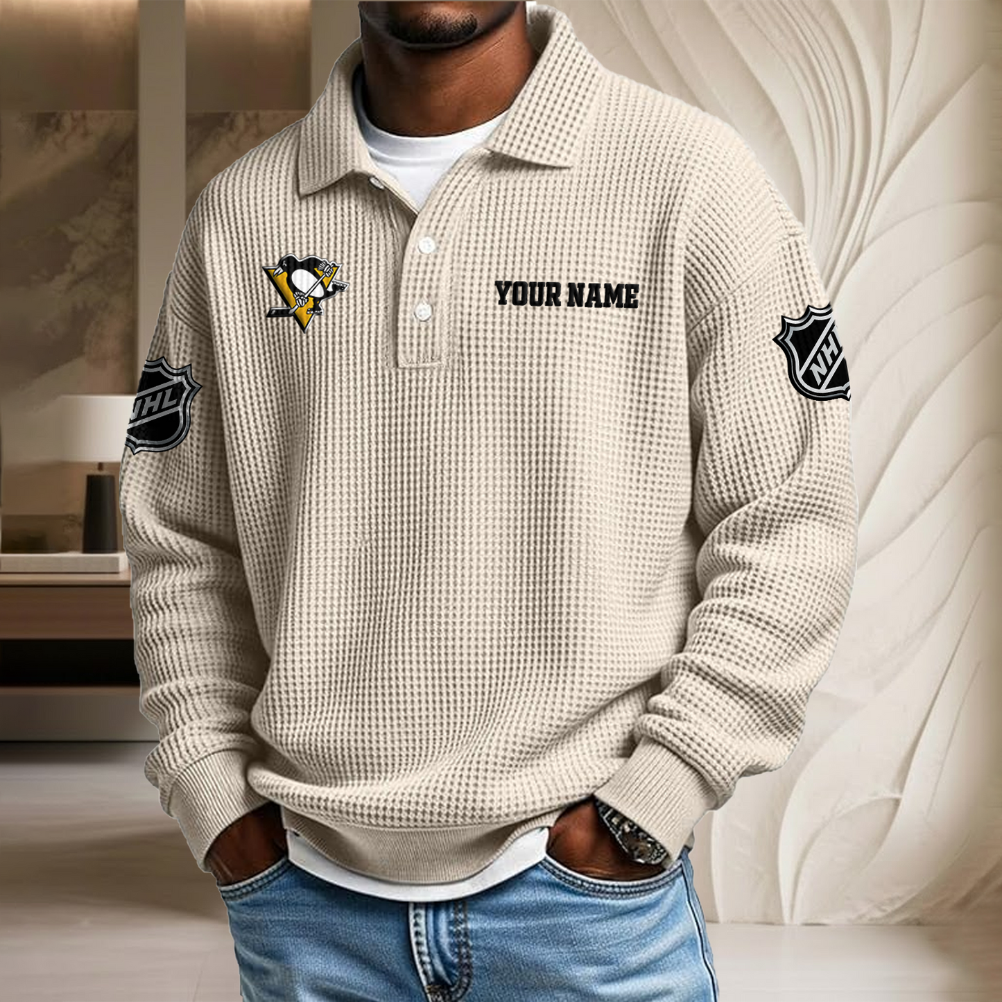 NHL x PIT Custom Name Waffle Three Button Lapel Polo HLP HLPHUONG