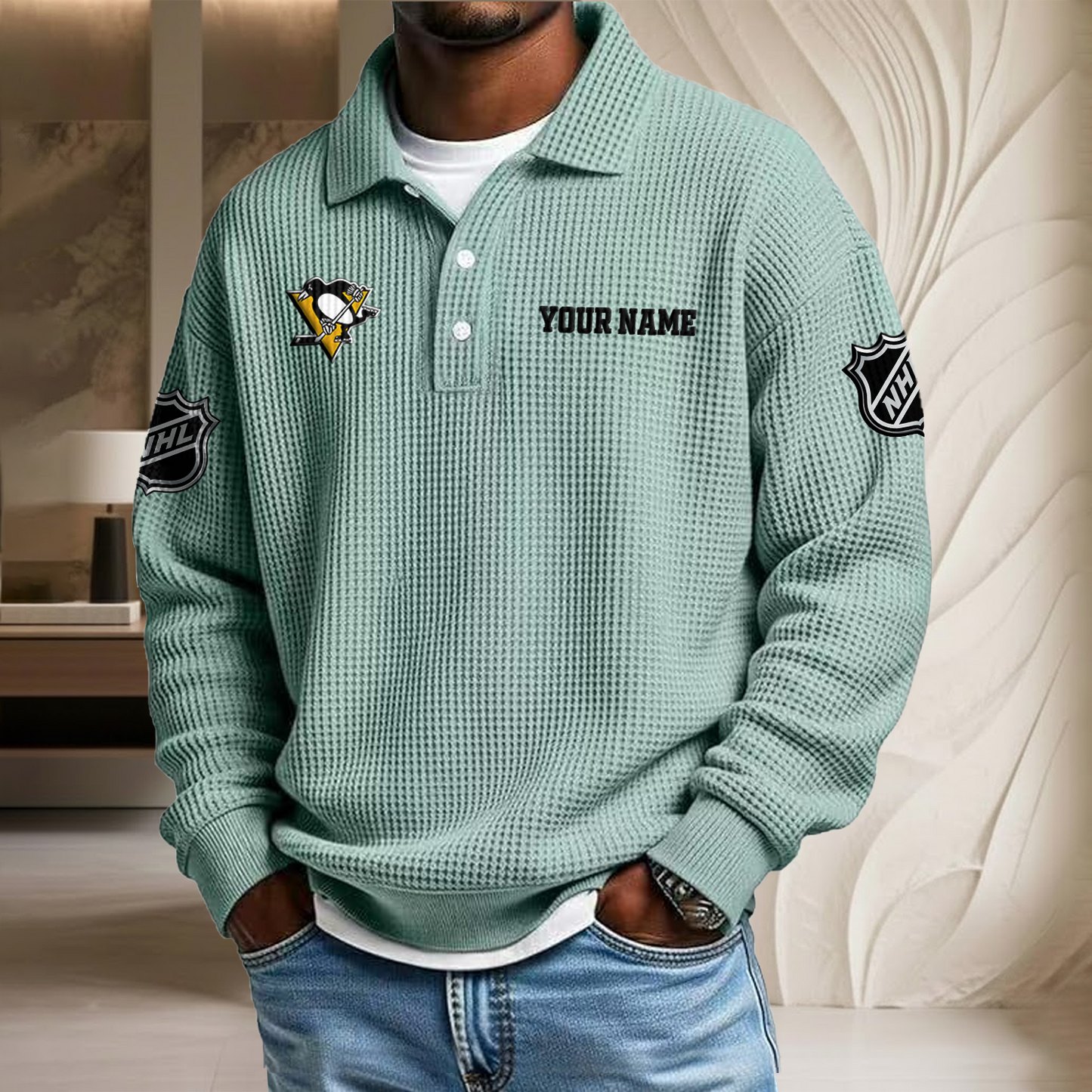 NHL x PIT Custom Name Waffle Three Button Lapel Polo HLP HLPHUONG