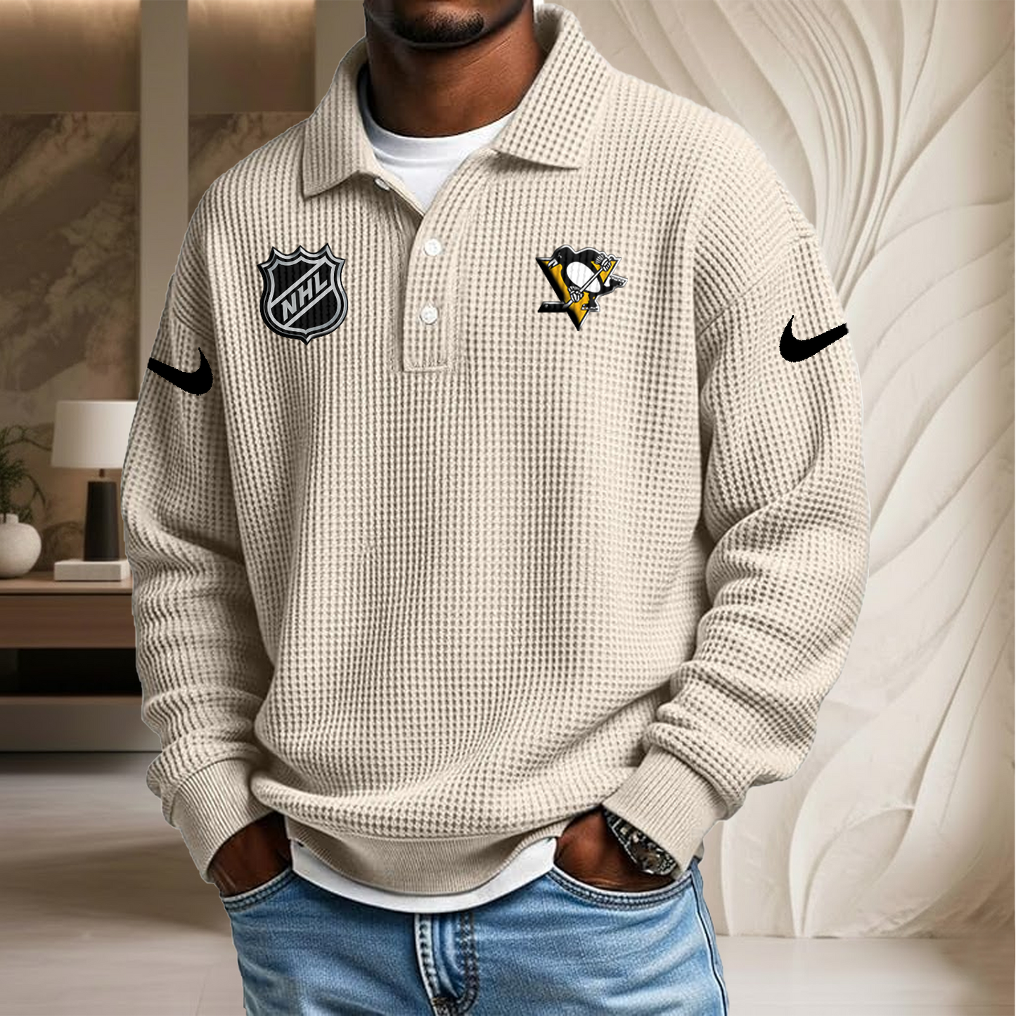 NHL x PIT Waffle Three Button Lapel Polo HLP HLPHUONG