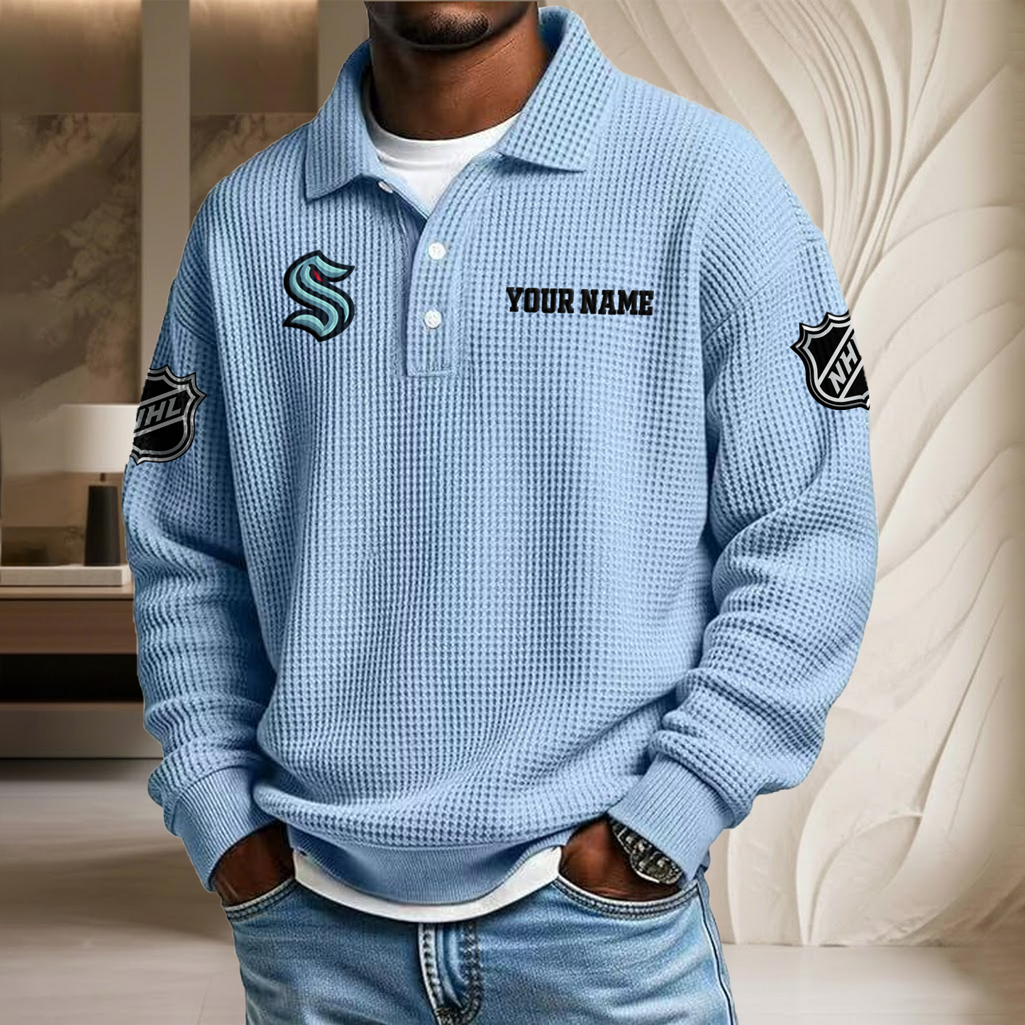 NHL x SEA Custom Name Waffle Three Button Lapel Polo HLP HLPHUONG