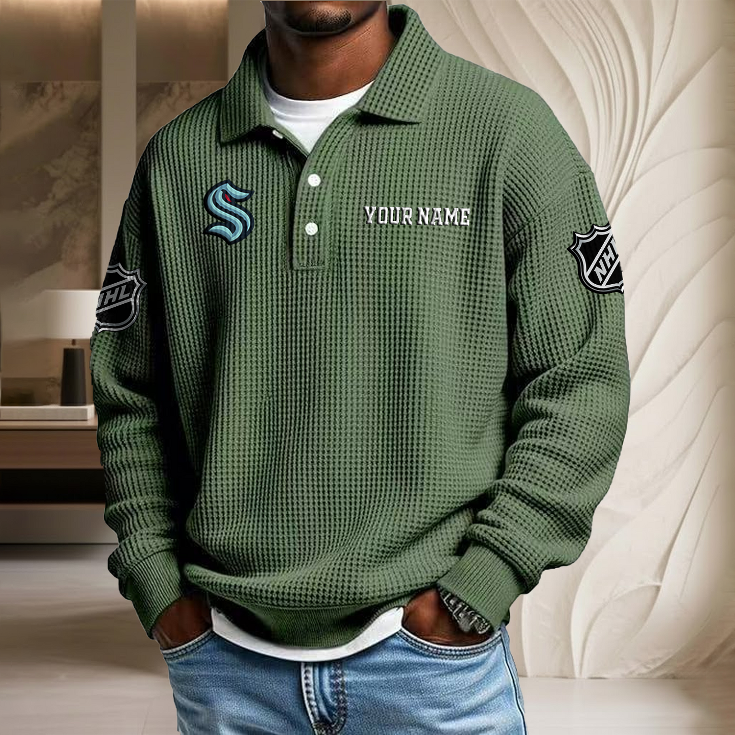 NHL x SEA Custom Name Waffle Three Button Lapel Polo HLP HLPHUONG