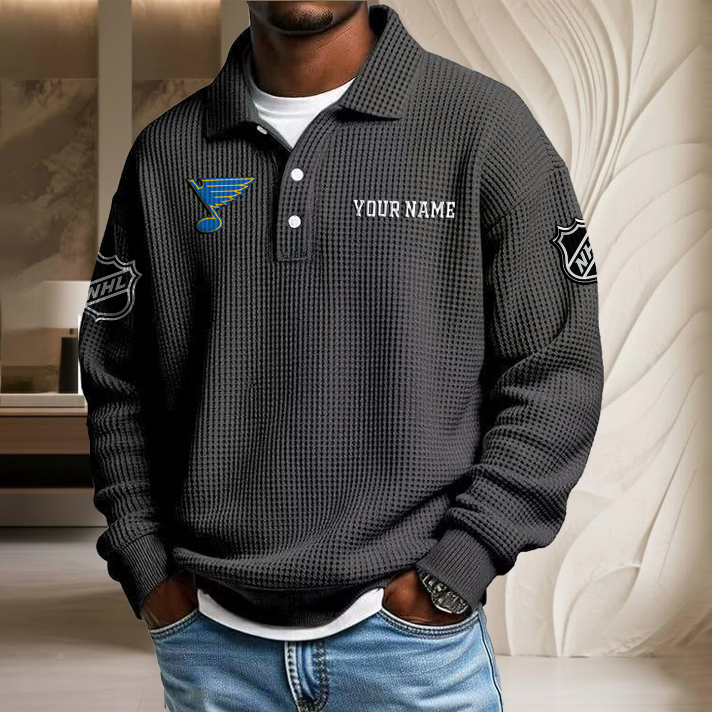 NHL x SL Custom Name Waffle Three Button Lapel Polo HLP HLPHUONG