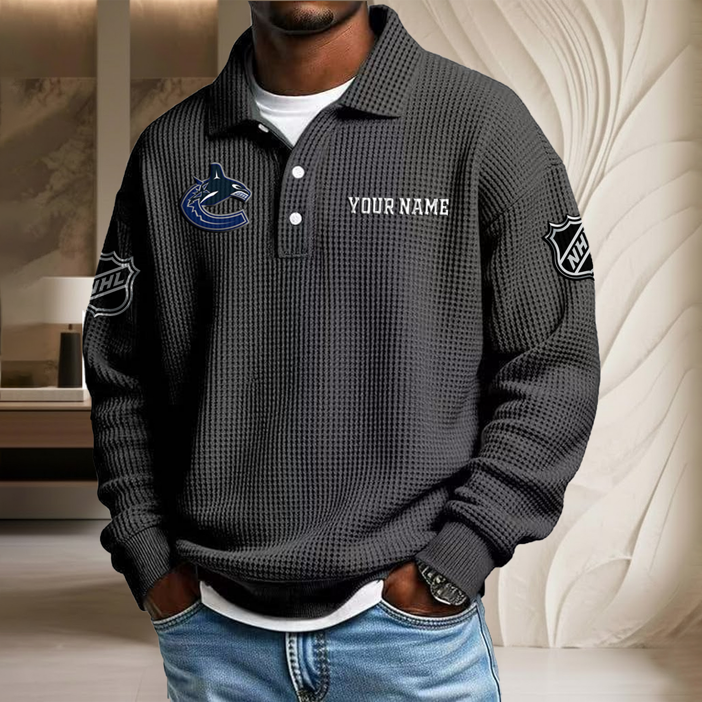 NHL x VAN Custom Name Waffle Three Button Lapel Polo HLP HLPHUONG