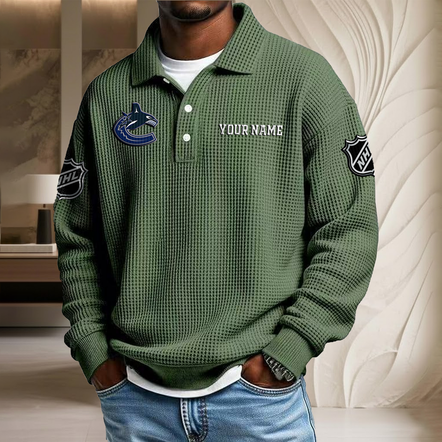 NHL x VAN Custom Name Waffle Three Button Lapel Polo HLP HLPHUONG