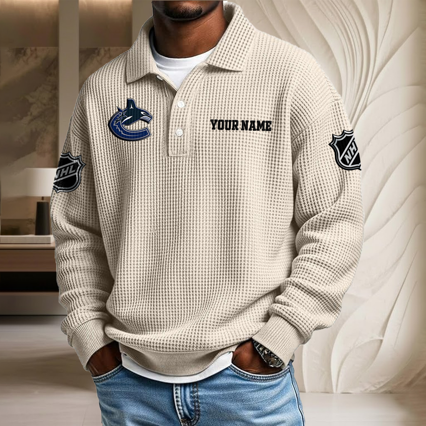 NHL x VAN Custom Name Waffle Three Button Lapel Polo HLP HLPHUONG