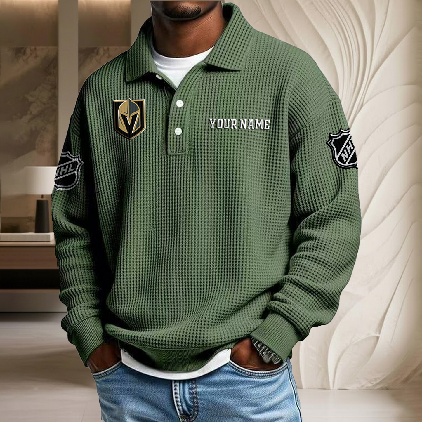 NHL x VEG Custom Name Waffle Three Button Lapel Polo HLP HLPHUONG