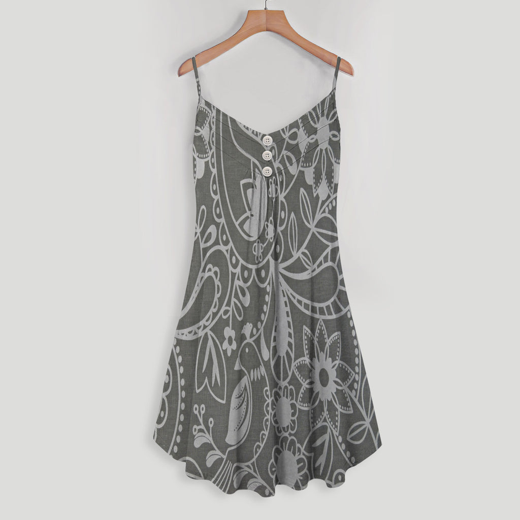 Gray Flower Seamless Spaghetti Strap Summer Dress | Women Sleeveless V Neck Mini Dress